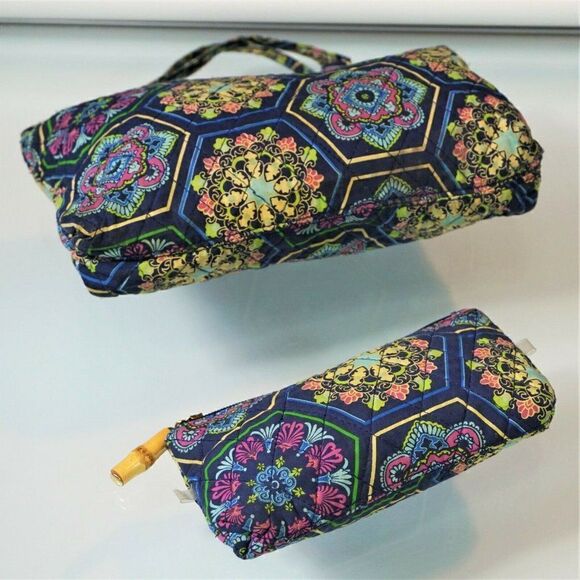 2 Cosmetic Makeup Bags Floral Quilted Medium And Small Faux Bamboo Zipper Pulls - Picture 5 of 5